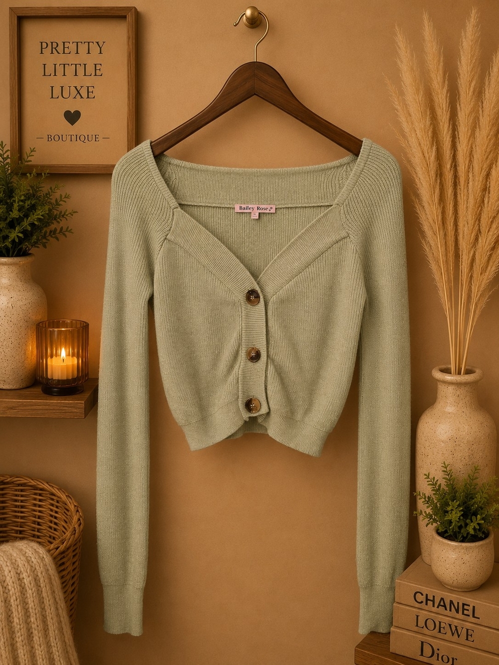 Bailey Rose Sage Green Ribbed Sweetheart Cardigan Sweater Crop Top XS